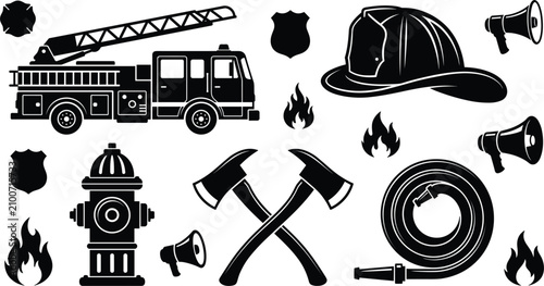 Firefighter rescue department and emergency services vector icon set with black silhouettes of fire truck hydrant helmet axes hose flames megaphones badge