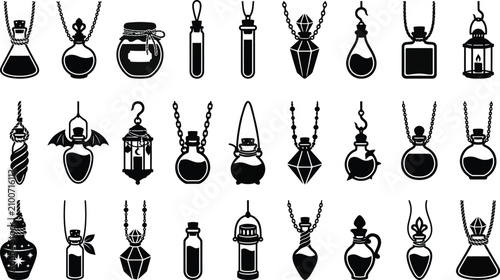 Fotografía Necklace Potion Bottle Silhouette Icon Set, Magic Elixir Vector Symbols Collecti