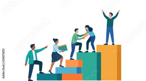 Business team climbing career success ladder concept illustration with business teamwork leadership collaboration