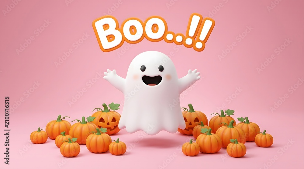 Fototapeta premium Festive halloween scene cute ghost and jack o' lanterns for spooky celebrations