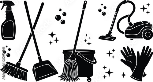 Foto House cleaning tools and janitorial service equipment vector icon set with black