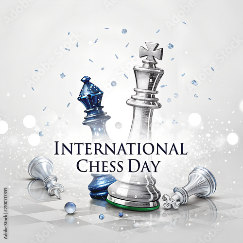 International chess day celebration poster with sketch style pieces.
