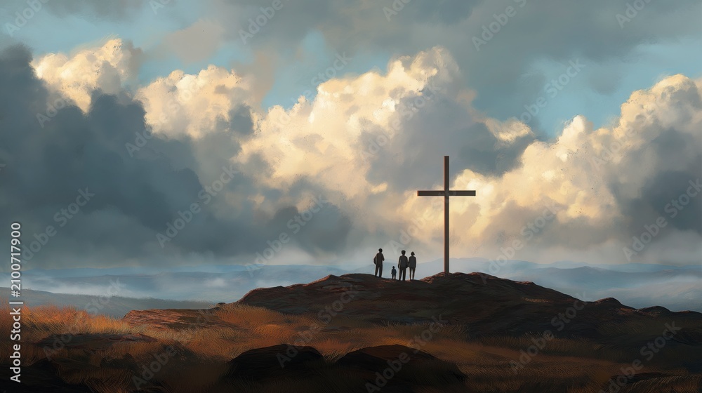 Obraz premium Three people stand before the cross in quiet reflection, contemplating Christ’s sacrifice and the hope of redemption as light shines beyond the cross into the world.