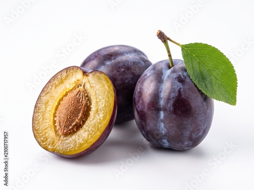 Whole and halved ripe plums on a solid white studio background, highlighting a wholesome and crisp fruit texture.