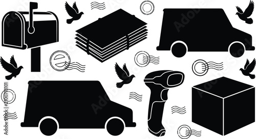 Cuadro en lienzo Postal service and mail delivery logistics vector icon set with black silhouette