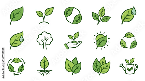 Schilderij op canvas Professional Set of Green Minimalist Line Icons Featuring Leaves Trees Planting