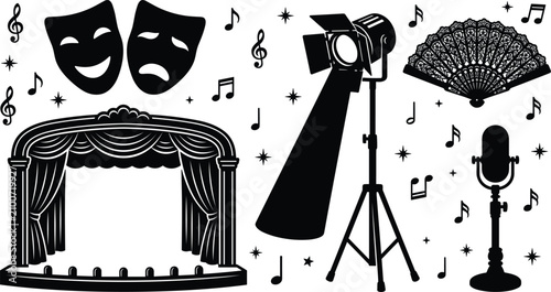 Fotografie Theater performance and stage arts vector icon set with black silhouettes of com