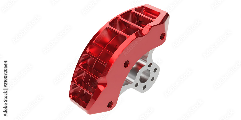 Obraz premium Red anodized monoblock brake caliper isolated on transparent background for racing vehicles