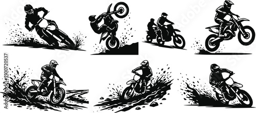 Cuadro en lienzo Set of motocross riders doing stunts and racing on dirt bikes isolated on white