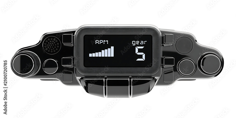 Obraz premium Digital F1 steering wheel display with RPM and gear indicator isolated on transparent background