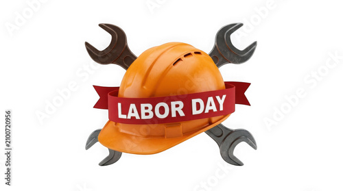 Labor day concept with orange hard hat, crossed wrenches, and banner isolated on transparent background