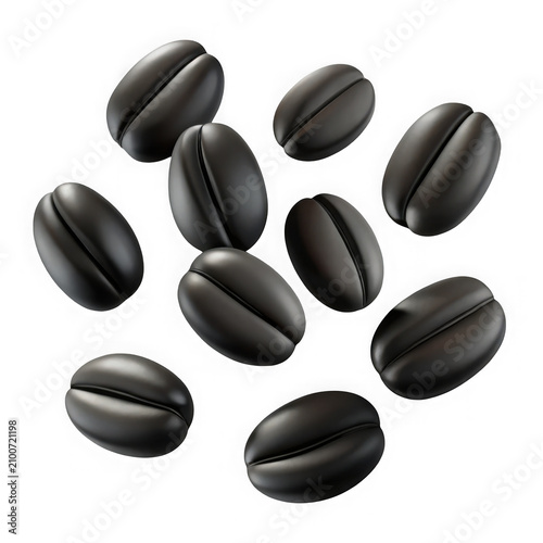 Group of dark roasted coffee beans 3D icon with caffeine, beverage transparent background