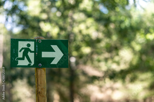 Foto Green emergency exit sign in a lush forest, concept of escaping to nature and di