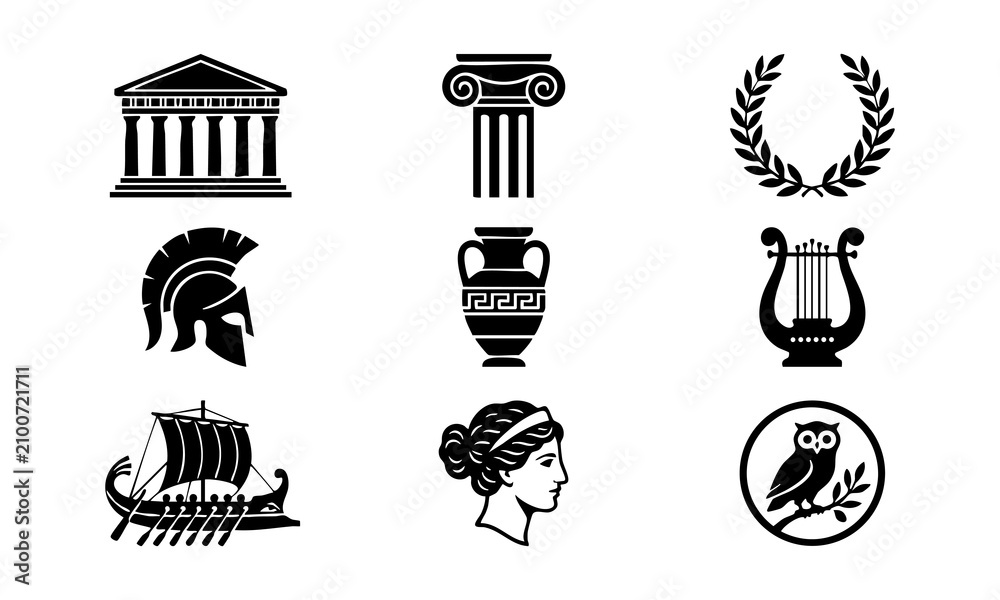 Naklejka premium Ancient Greece icon set with Parthenon helmet, trireme and laurel for history mythology education