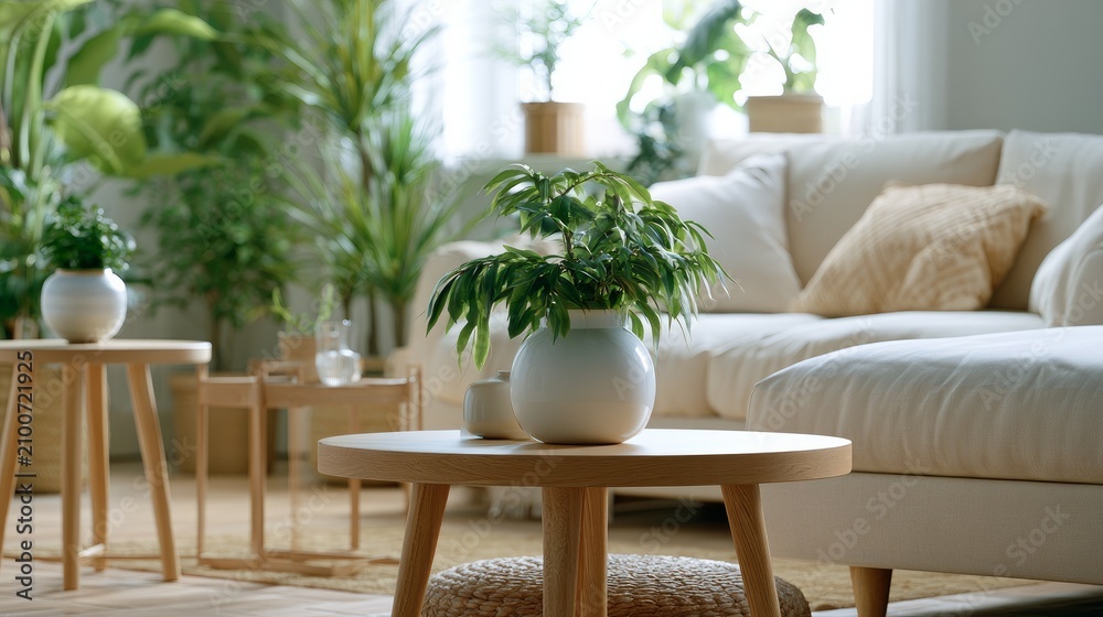 Fototapeta premium Out-of-focus living room shows plants, a sofa, and tables.