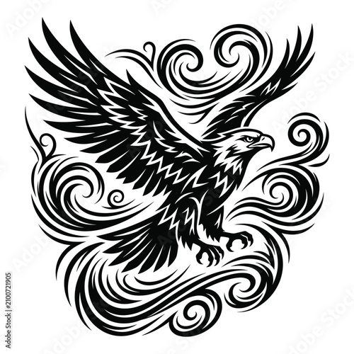 Majestic Eagle Flying with Swirling Decorative Ornamental Wind Patterns in Black and White Silhouette Style Illustration