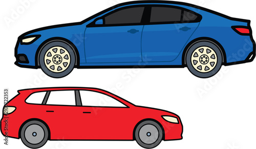 Foto Modern passenger car illustrations, blue sedan and red station wagon vector coll