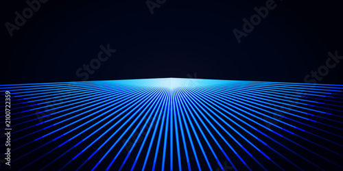 Futuristic digital network background featuring bright blue glowing lines conveying data transmission in perspective towards a bright horizon. Ideal for technology, cyberspace, and big data concepts.