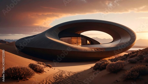 Futuristic modern luxury villa with organic circular architecture in desert landscape at golden hour sunset