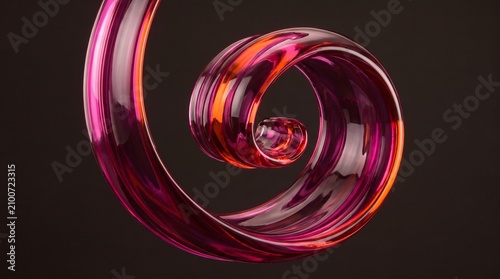 Abstract red liquid spiral shape with shiny glass texture on a dark background