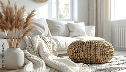 Bright Cozy Living Room Featuring Neutral Woven Furniture and Decorative Dried Pampas Grass in a Modern Minimalist Home Interior