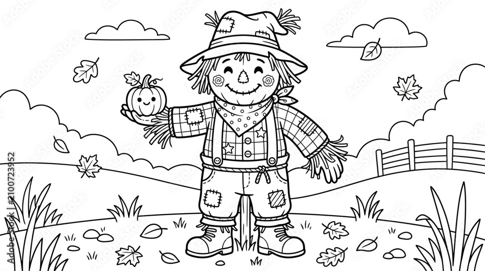 Fototapeta premium Halloween scarecrow with pumpkin black and white coloring page for kids