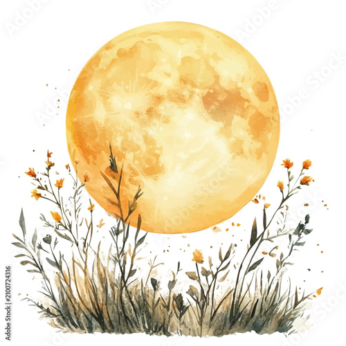 watercolor graphic of Harvest Moon Rising illustration, isolated on a white background.