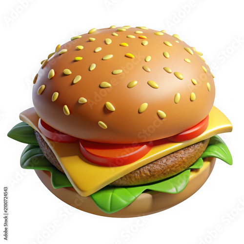 3D render of a gourmet cheeseburger icon with lettuce and tomatoes on transparent background