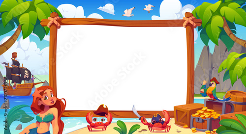 Schilderij op canvas Pirate banner board with sail ship, mermaid and funny crab corsair characters, cute parrot and treasure chests on tropical island beach with palms