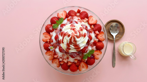 Korean strawberry bingsu topped with fresh strawberries, whipped cream, condensed milk, and shaved ice