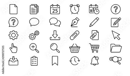 Classic UI Outline Icons Pack with Document Calendar Search Chat and Shopping Elements