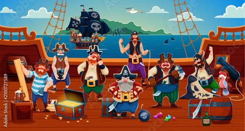 Vászonkép Pirate crew member characters on wooden ship deck