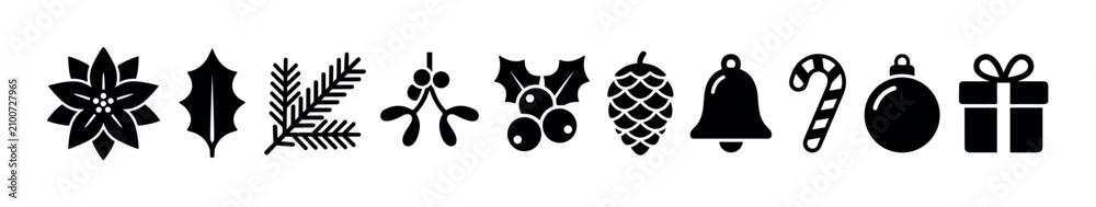 Fototapeta premium Collection of various black silhouette Christmas and winter holiday icons featuring festive plants, traditional decorations, and seasonal symbols.