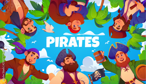 Bild auf Leinwand Cartoon caribbean pirate characters, corsair personages of cheerful captain and sailors