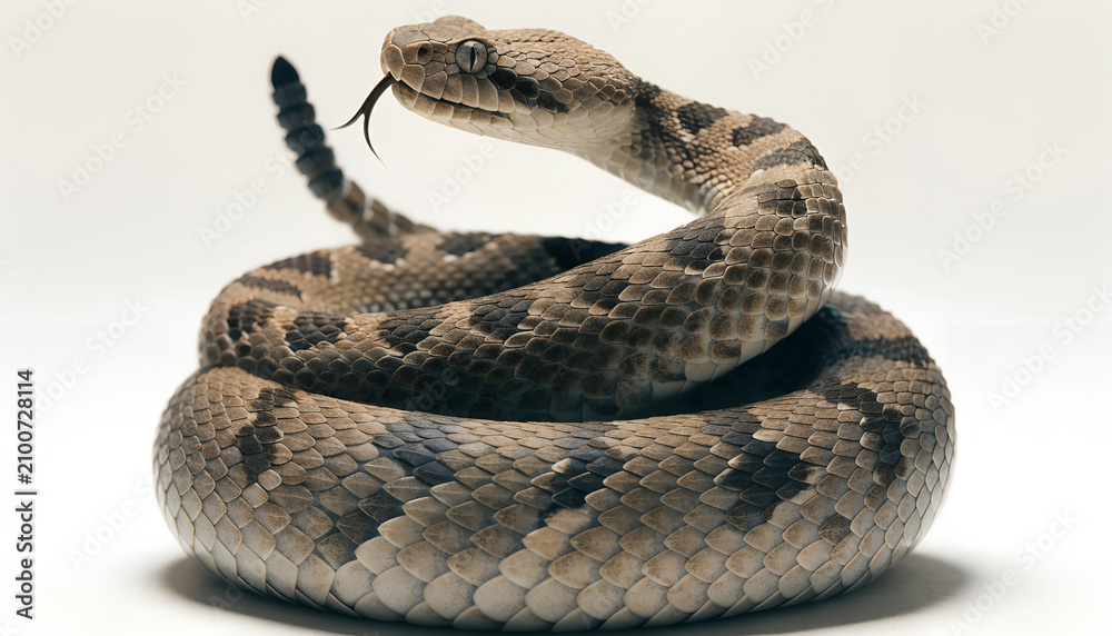 Obraz premium Coiled snake with dark brown and gray patterned scales and forked tongue extended isolated on white background symbolizing reptile danger and wildlife anatomy