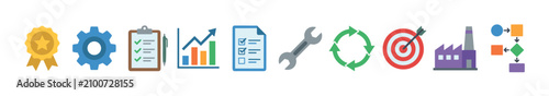 Business process management and quality control icons representing industrial operations, strategic planning, and continuous improvement.