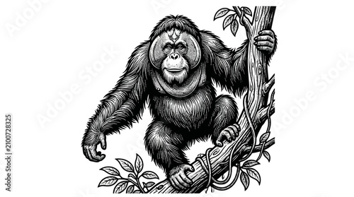 Photography Large gorilla climbing a tree branch.