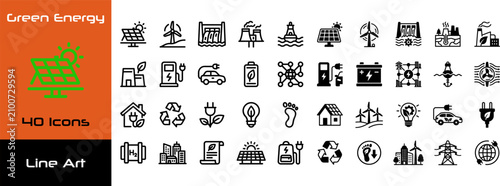 Konstfotografi Set of green energy icons on orange background, representing various forms of renewable power and eco-friendly technology