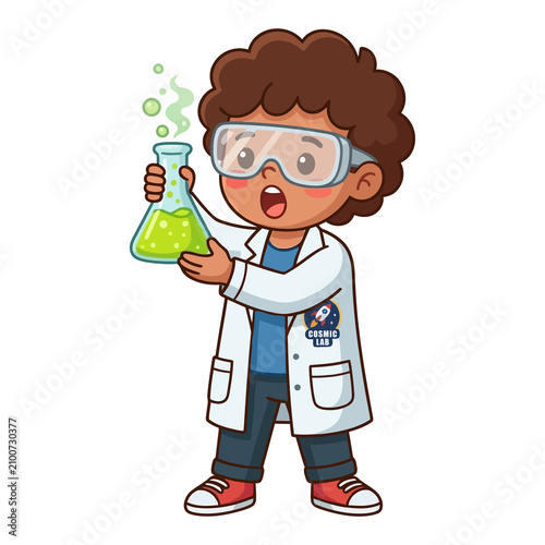 Cute child scientist boy with safety goggles doing lab experiment with green beaker