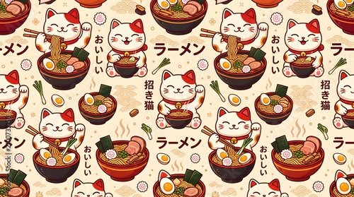 Maneki neko lucky cat eating ramen seamless pattern with Japanese text