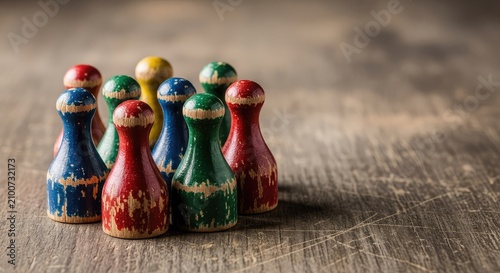 A group of eight vintage wooden game pieces sits on a weathered surface, showing signs of heavy wear and antique charm from decades of play, group, detail, token