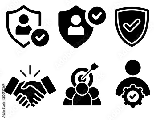 Fotografie Collection of black and white icons representing security, verification, partnership, teamwork, and process optimization