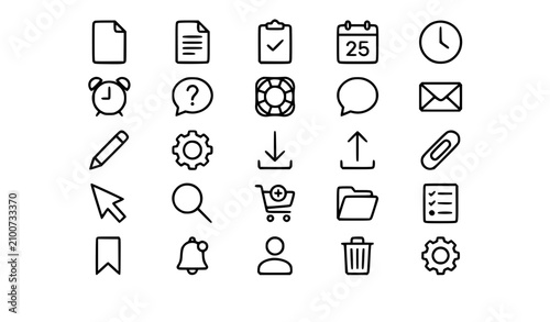 Modern Thin Line Document Calendar Chat and UI Icons Collection Editable Stroke Vector Set