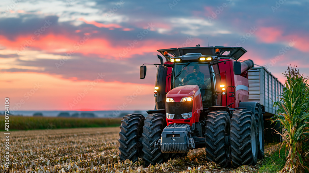 Obraz premium Combine harvester harvesting corn at sunset with farm machinery transferring grain into tractor trailer representing agricultural harvest concept for industry marketing and food