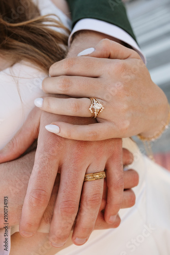 Close up of wedding bands on newlyweds