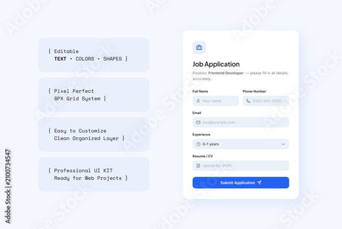 Modern Job Application Form UI Kit Editable Vector with Resume Upload Interface