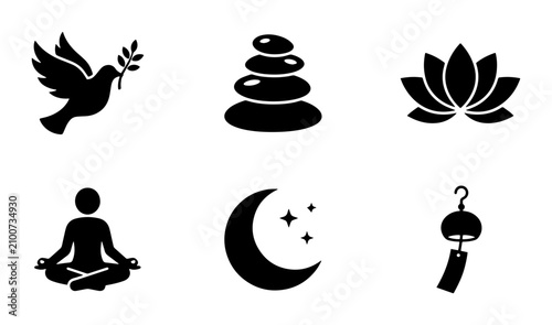 Billede på lærred Zen Icons Set: Peace Dove, Meditation, Lotus, Moon, Stones, Wind Chime Vector Gr