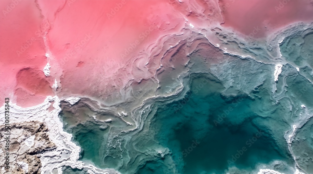Fototapeta premium Abstract Aerial Macro of a Lithium Evaporation Pond Surface With Swirling Mineral Textures and Vivid Turquoise Tones Forming a Natural Pattern Background