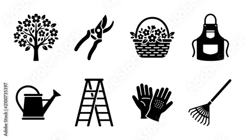 фотографія Gardening Icons Set: Blooming Tree, Pruners, Flower Basket, Apron, Watering Can,