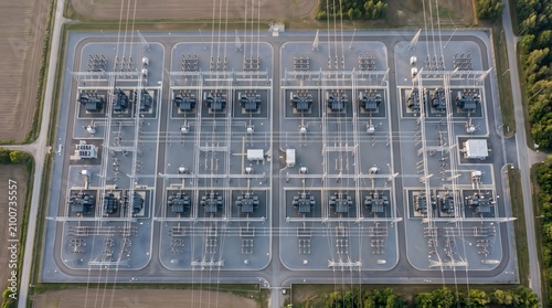 Aerial View of an Electrical Converter Station and Switchyard With Rows of Transformers Insulators and Overhead Transmission Lines Power Grid Technology